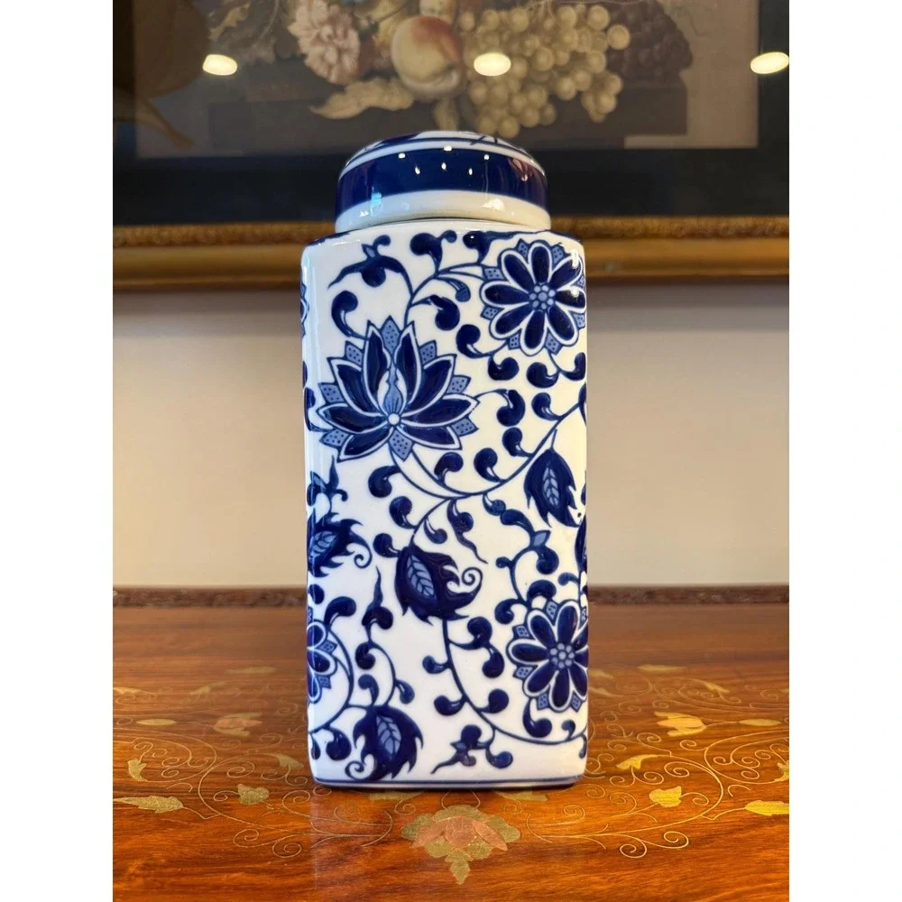 Vintage Bombay Blue & White Porcelain Ginger Jar • Lotus Floral Lidded Jar
